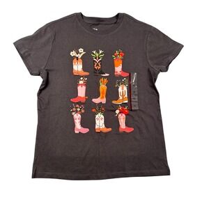 Doe Womens Charcoal Gray Floral Cowboy Boot Graphic T-Shirt XS New Cotton Tee